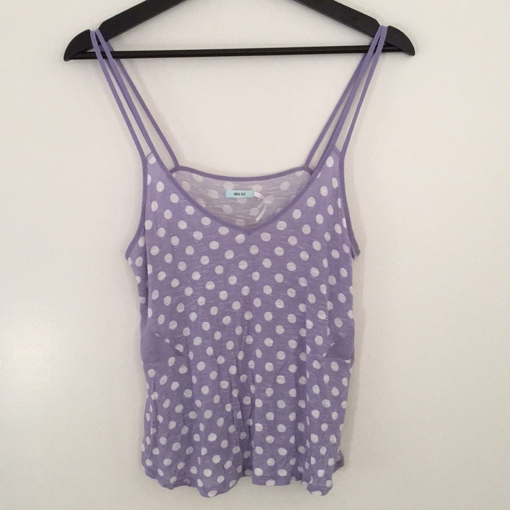 KIMCHI BLUE lt purple polkadot tank w sheer accent